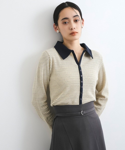 VIS（ビス）の「【洗える】細ボーダーポロトップス（ポロシャツ・レディース・ブラック/オフホワイト・FREE）」の7枚目の写真