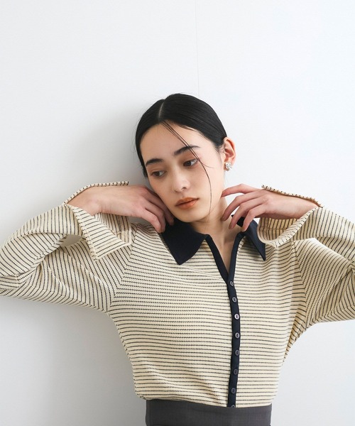 VIS（ビス）の「【洗える】細ボーダーポロトップス（ポロシャツ・レディース・ブラック/オフホワイト・FREE）」の3枚目の写真