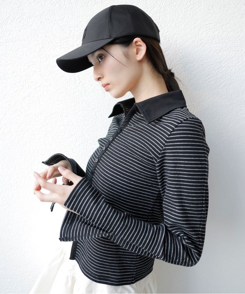 VIS（ビス）の「【洗える】細ボーダーポロトップス（ポロシャツ・レディース・ブラック/オフホワイト・FREE）」の13枚目の写真