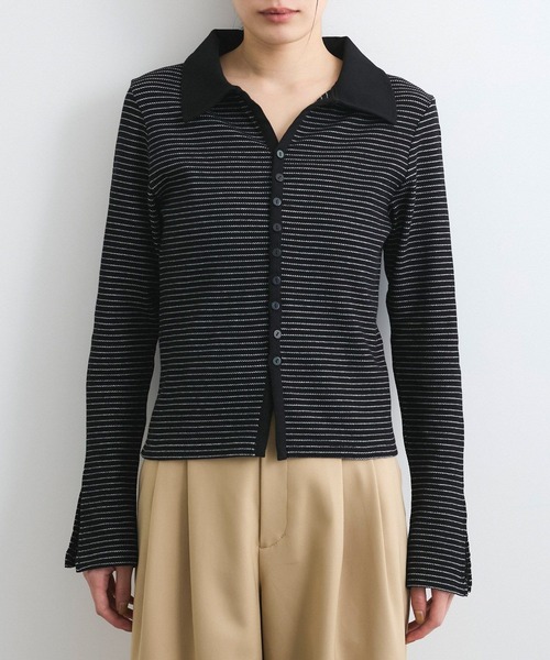 VIS（ビス）の「【洗える】細ボーダーポロトップス（ポロシャツ・レディース・ブラック/オフホワイト・FREE）」の18枚目の写真