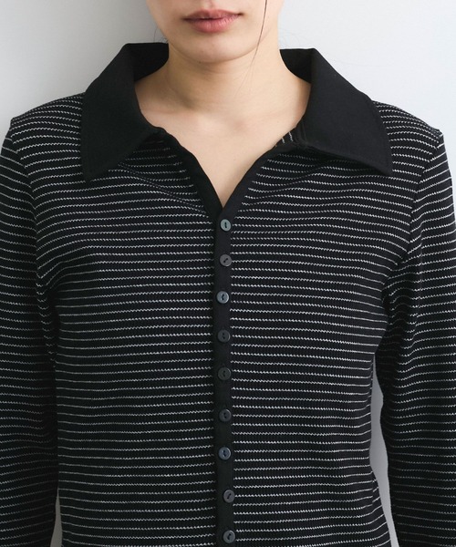 VIS（ビス）の「【洗える】細ボーダーポロトップス（ポロシャツ・レディース・ブラック/オフホワイト・FREE）」の21枚目の写真