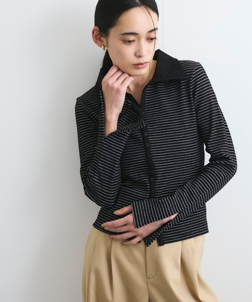 VIS（ビス）の「【洗える】細ボーダーポロトップス（ポロシャツ・レディース・ブラック/オフホワイト・FREE）」の12枚目の写真