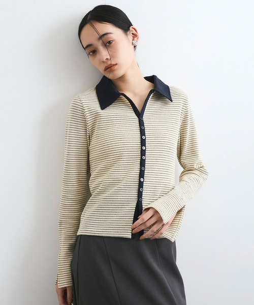 VIS（ビス）の「【洗える】細ボーダーポロトップス（ポロシャツ・レディース・ブラック/オフホワイト・FREE）」の4枚目の写真