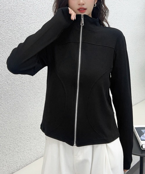 LOWO(ロワ)の「ジップアップリブカーディガン(Tシャツ/カットソー・レディース・チャコールグレー/ブラック/オフホワイト/モカ・FREE)」の1枚目の写真