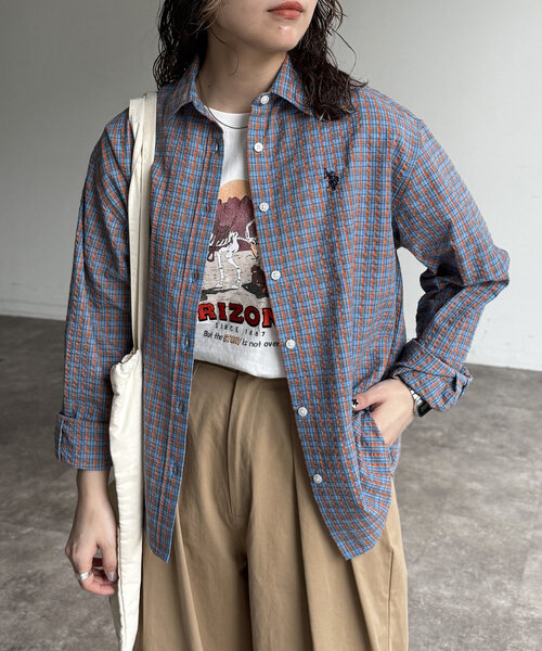 CPCM（シーピーシーエム）の「シアサッカーチェックシャツ（シャツ/ブラウス・レディース・ブルー/イエロー/オレンジ/グリーン/ブラウン・FREE）」の4枚目の写真