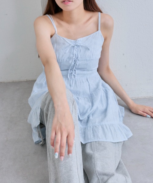 OLIVE des OLIVE（オリーブデオリーブ）の「レースアップミニキャミワンピース（ワンピース・レディース・ブラウン/オフホワイト/サックスブルー・FREE）」の16枚目の写真