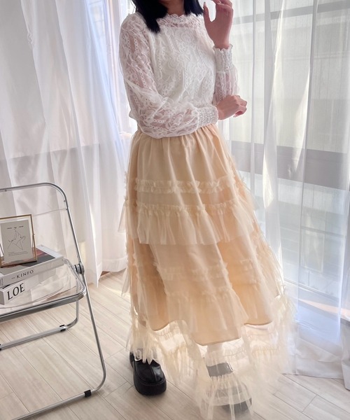 merrylatte(メリーラテ)の「ガーリーチュールティアードスカート(スカート・レディース・アイボリー・FREE)」の2枚目の写真