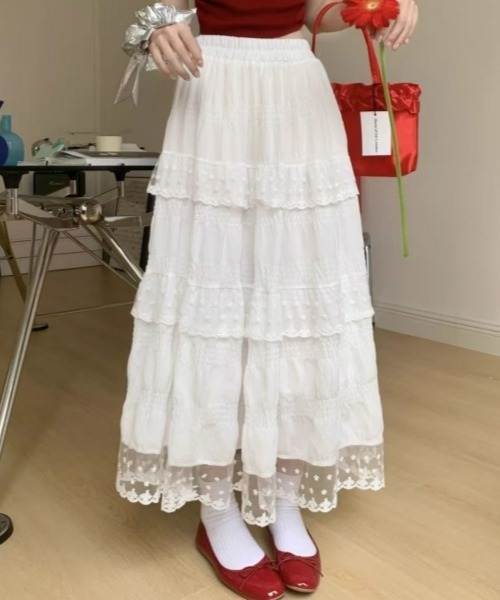 gossip!ロサンゼルス(ゴシップロサンゼルス)の「レースフリルティアードスカート ヴィンテージ カジュアル&シンプル(スカート・レディース・ホワイト・FREE)」の9枚目の写真