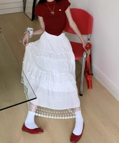gossip!ロサンゼルス(ゴシップロサンゼルス)の「レースフリルティアードスカート ヴィンテージ カジュアル&シンプル(スカート・レディース・ホワイト・FREE)」の13枚目の写真