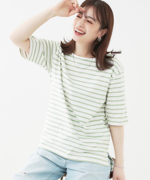 SHOO・LA・RUE（シューラルー）の「【洗える/S-LL/綿100％】5分袖ボートネックトップス（Tシャツ/カットソー・レディース・ブラック系2/グリーン系3/ネイビー系2/ホワイト・01/02/03/04）」の3枚目の写真