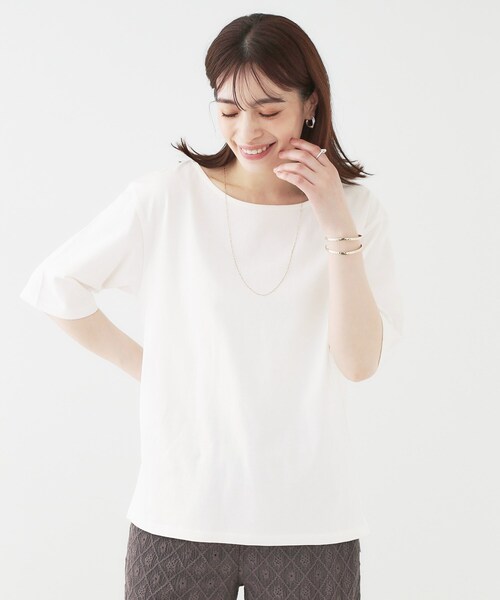 SHOO・LA・RUE（シューラルー）の「【洗える/S-LL/綿100％】5分袖ボートネックトップス（Tシャツ/カットソー・レディース・ブラック系2/グリーン系3/ネイビー系2/ホワイト・01/02/03/04）」の5枚目の写真