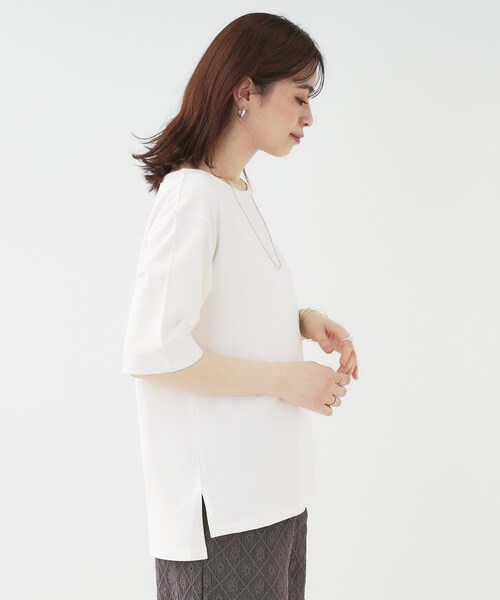 SHOO・LA・RUE（シューラルー）の「【洗える/S-LL/綿100％】5分袖ボートネックトップス（Tシャツ/カットソー・レディース・ブラック系2/グリーン系3/ネイビー系2/ホワイト・01/02/03/04）」の6枚目の写真