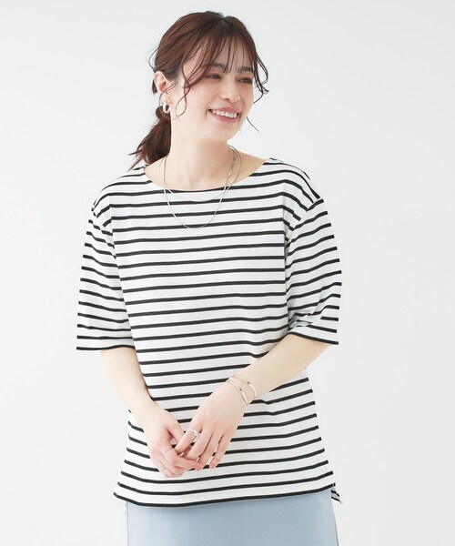 SHOO・LA・RUE（シューラルー）の「【洗える/S-LL/綿100％】5分袖ボートネックトップス（Tシャツ/カットソー・レディース・ブラック系2/グリーン系3/ネイビー系2/ホワイト・01/02/03/04）」の9枚目の写真