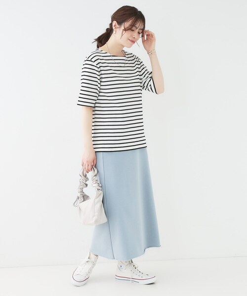 SHOO・LA・RUE（シューラルー）の「【洗える/S-LL/綿100％】5分袖ボートネックトップス（Tシャツ/カットソー・レディース・ブラック系2/グリーン系3/ネイビー系2/ホワイト・01/02/03/04）」の11枚目の写真