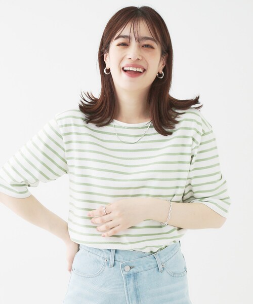 SHOO・LA・RUE（シューラルー）の「【洗える/S-LL/綿100％】5分袖ボートネックトップス（Tシャツ/カットソー・レディース・ブラック系2/グリーン系3/ネイビー系2/ホワイト・01/02/03/04）」の13枚目の写真