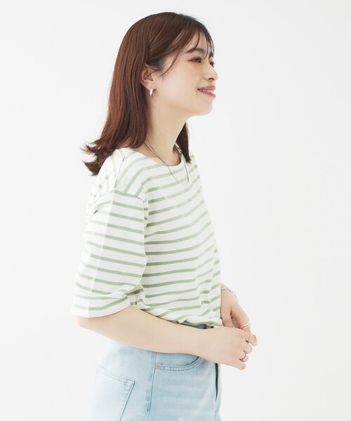 SHOO・LA・RUE（シューラルー）の「【洗える/S-LL/綿100％】5分袖ボートネックトップス（Tシャツ/カットソー・レディース・ブラック系2/グリーン系3/ネイビー系2/ホワイト・01/02/03/04）」の14枚目の写真