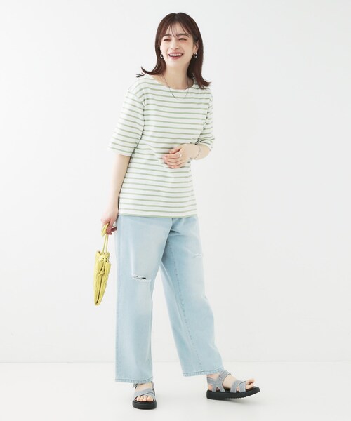 SHOO・LA・RUE（シューラルー）の「【洗える/S-LL/綿100％】5分袖ボートネックトップス（Tシャツ/カットソー・レディース・ブラック系2/グリーン系3/ネイビー系2/ホワイト・01/02/03/04）」の15枚目の写真