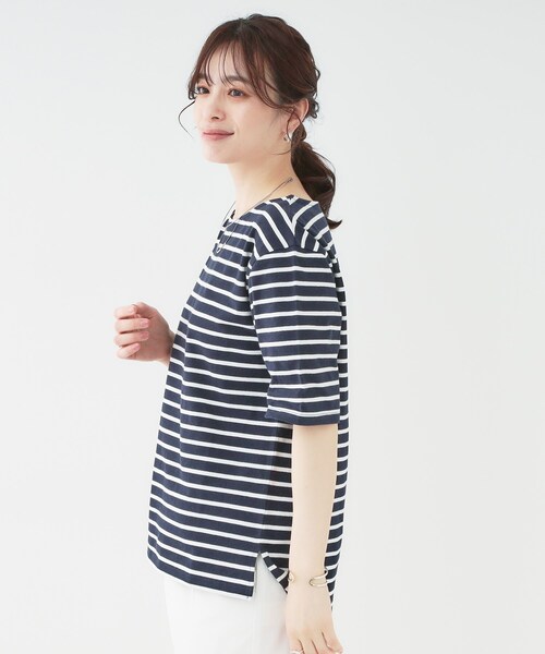 SHOO・LA・RUE（シューラルー）の「【洗える/S-LL/綿100％】5分袖ボートネックトップス（Tシャツ/カットソー・レディース・ブラック系2/グリーン系3/ネイビー系2/ホワイト・01/02/03/04）」の18枚目の写真