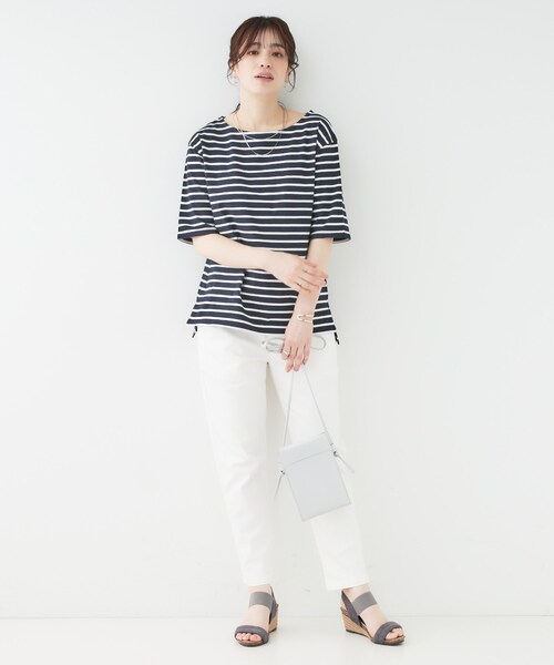 SHOO・LA・RUE（シューラルー）の「【洗える/S-LL/綿100％】5分袖ボートネックトップス（Tシャツ/カットソー・レディース・ブラック系2/グリーン系3/ネイビー系2/ホワイト・01/02/03/04）」の19枚目の写真