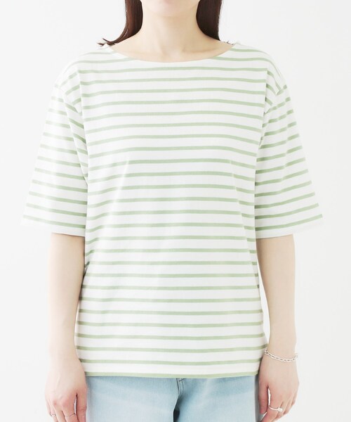 SHOO・LA・RUE（シューラルー）の「【洗える/S-LL/綿100％】5分袖ボートネックトップス（Tシャツ/カットソー・レディース・ブラック系2/グリーン系3/ネイビー系2/ホワイト・01/02/03/04）」の21枚目の写真