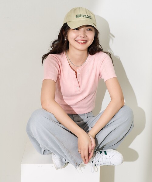 305※アイボリーのスタンドシャツとループタイのセット※ブライスアウトフィット セール】針抜きフライスヘンリーTシャツ（Tシャツ/カットソー