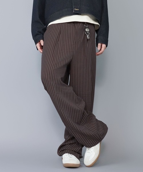 ピンストライプワイドスラックスパンツ/センタープレス/モード