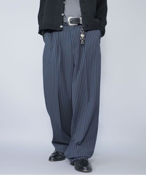 ピンストライプワイドスラックスパンツ/センタープレス/モード