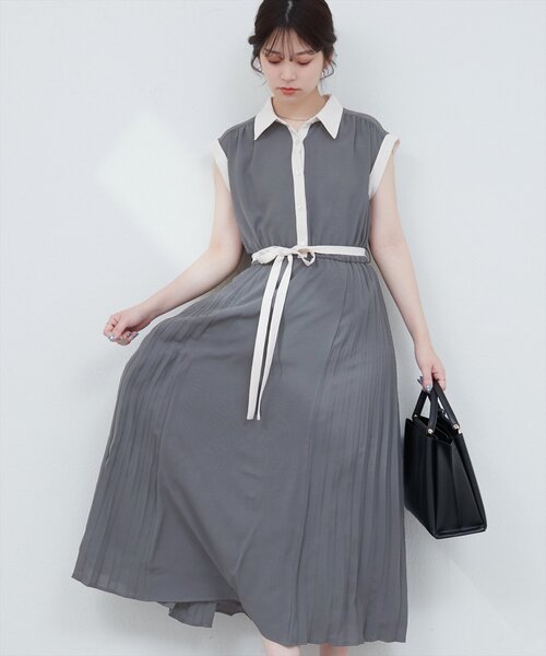 natural couture(ナチュラルクチュール)の「サイドプリーツ配色デザインワンピース(ワンピース・レディース・ホワイト系その他/ピンクベージュ/ブルー/チャコールグレー/ブラック系その他・FREE)」の1枚目の写真