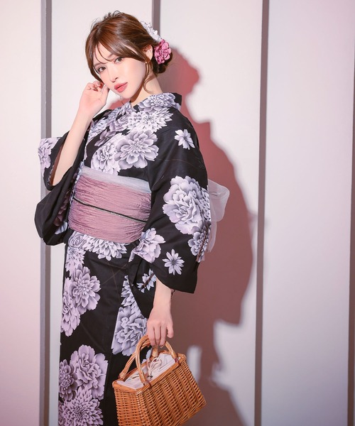 セール】浴衣セット レディース 黒地 グレー 白 花 ゆかた
