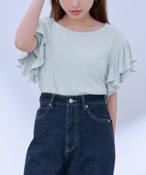 COHINA(コヒナ)の「【接触冷感】フリルスリーブシアーカットトップス 【低身長・小柄女性】(Tシャツ/カットソー・レディース・ブラック/ベージュ/ブルー・ONE SIZE)」の3枚目の写真