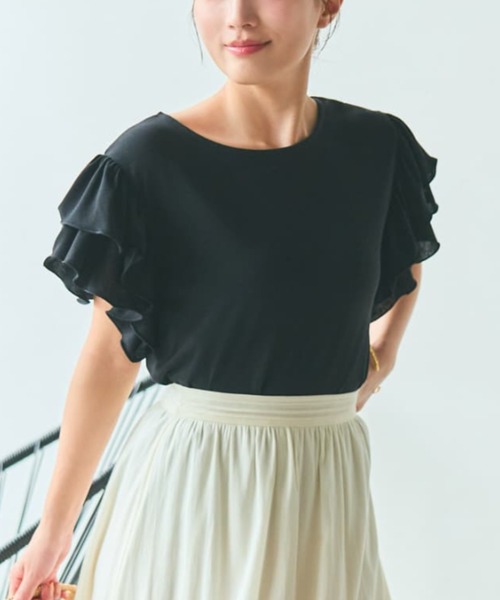 COHINA(コヒナ)の「【接触冷感】フリルスリーブシアーカットトップス 【低身長・小柄女性】(Tシャツ/カットソー・レディース・ブラック/ベージュ/ブルー・ONE SIZE)」の1枚目の写真