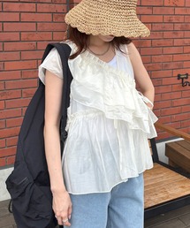 ISOOK | 【ISOOK / アイスー】マルチWAYフリルブラウス / レイヤード 重ね着 襟付き ジレ シアー素材 デザインブラウス ノースリーブ オフショル ワンショル ミドル丈 ホワイト ブラック 白 黒 無地 ZOZOTOWN限定(シャツ/ブラウス)