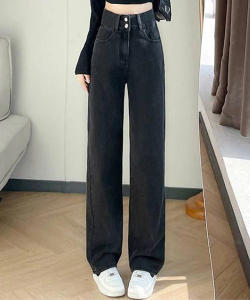 maison de LATIR(メゾンドラティール)の「シルエットがきれいなハイウエストストレートイージーデニムパンツ(デニムパンツ・レディース・ブラック/ライトブルー/ブルー・XL/L/M)」の1枚目の写真