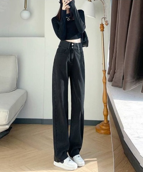 maison de LATIR(メゾンドラティール)の「シルエットがきれいなハイウエストストレートイージーデニムパンツ(デニムパンツ・レディース・ブラック/ライトブルー/ブルー・XL/L/M)」の9枚目の写真