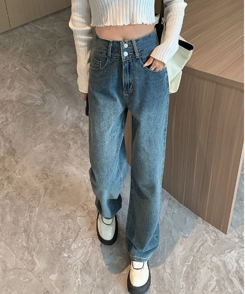 maison de LATIR(メゾンドラティール)の「シルエットがきれいなハイウエストストレートイージーデニムパンツ(デニムパンツ・レディース・ブラック/ライトブルー/ブルー・XL/L/M)」の12枚目の写真