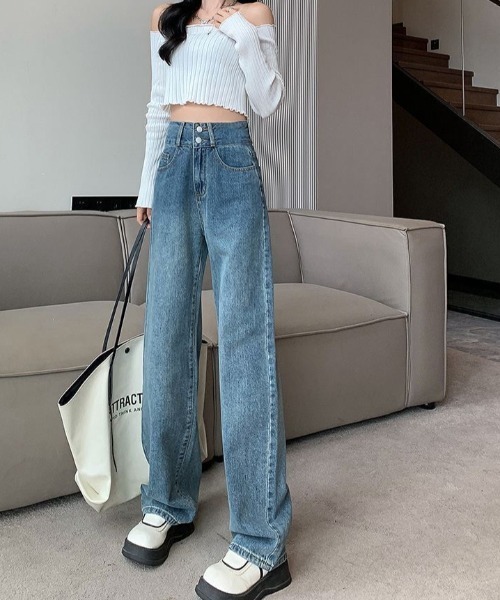 maison de LATIR(メゾンドラティール)の「シルエットがきれいなハイウエストストレートイージーデニムパンツ(デニムパンツ・レディース・ブラック/ライトブルー/ブルー・XL/L/M)」の14枚目の写真