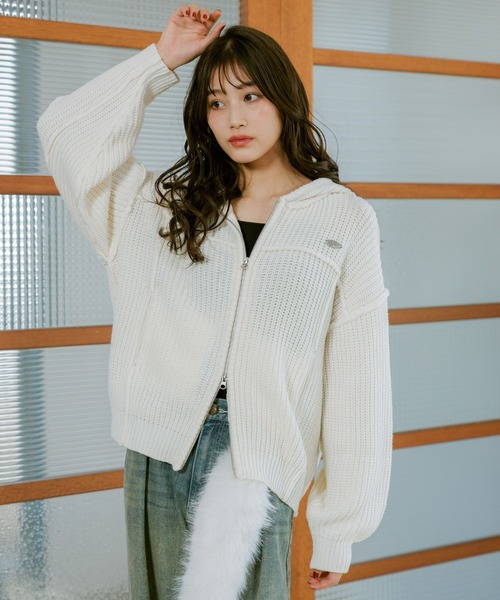 セール】【洗えるニット】ダメージルーズニットパーカー（パーカー