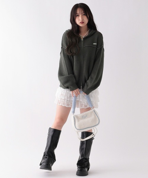 セール】【洗えるニット】ダメージルーズニットパーカー（パーカー