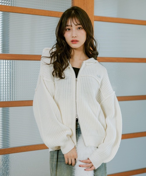 セール】【洗えるニット】ダメージルーズニットパーカー（パーカー