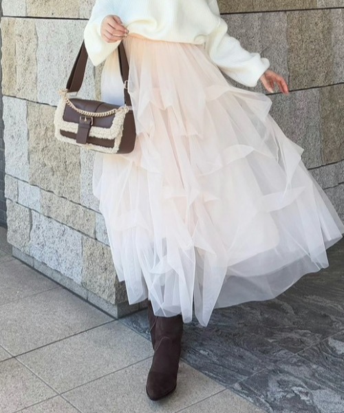 rienda（リエンダ）の「ランダムタックチュールスカート 秋服 冬服