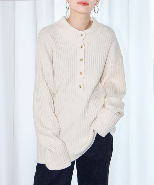CITYSHOP（シティーショップ）の「RIB HENRY NECK SWEATER：ニット（ニット/セーター・レディース・ホワイト/ブラック/グレー・FREE）」の4枚目の写真