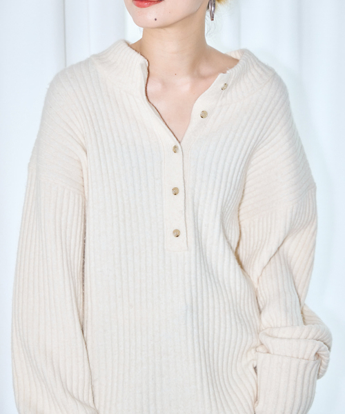 CITYSHOP（シティーショップ）の「RIB HENRY NECK SWEATER：ニット（ニット/セーター・レディース・ホワイト/ブラック/グレー・FREE）」の6枚目の写真