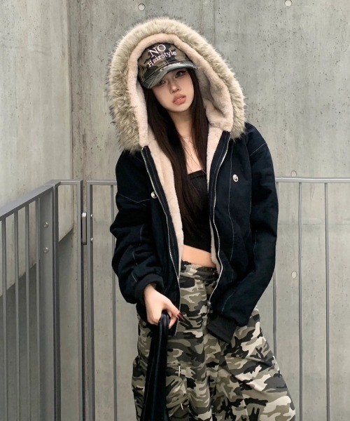 LAMPOON】フェイクファーフードブルゾン（ブルゾン）｜almo