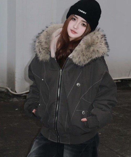 紈　ファーフードブルゾン セール】【LAMPOON】フェイクファーフードブルゾン（ブルゾン）｜almo