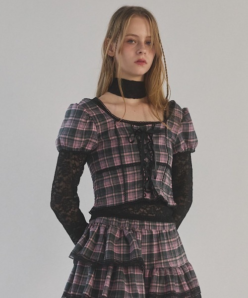 lilLilly（リルリリー）の「チェックレーストップス（シャツ/ブラウス・レディース・ピンク/カーキ・FREE）」の6枚目の写真