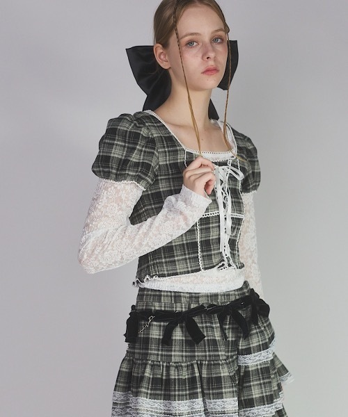 lilLilly（リルリリー）の「チェックレーストップス（シャツ/ブラウス・レディース・ピンク/カーキ・FREE）」の14枚目の写真