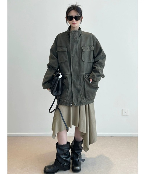 DEVICE（デバイス）の「オーバーサイズ デニム カラー ミリタリー ジャケット ブルゾン（デニムジャケット・レディース・カーキ・FREE）」の22枚目の写真