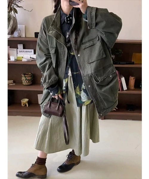 DEVICE（デバイス）の「オーバーサイズ デニム カラー ミリタリー ジャケット ブルゾン（デニムジャケット・レディース・カーキ・FREE）」の17枚目の写真