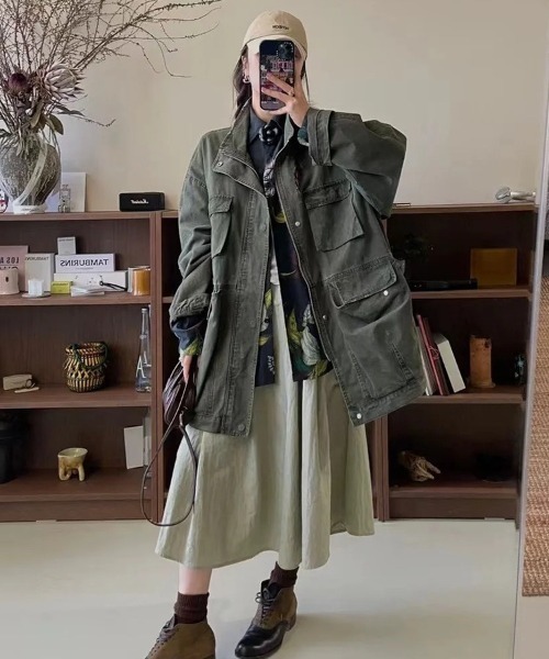 DEVICE（デバイス）の「オーバーサイズ デニム カラー ミリタリー ジャケット ブルゾン（デニムジャケット・レディース・カーキ・FREE）」の16枚目の写真