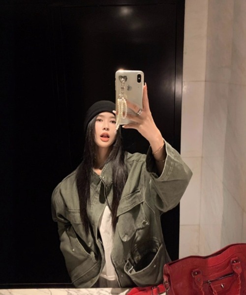 DEVICE（デバイス）の「オーバーサイズ デニム カラー ミリタリー ジャケット ブルゾン（デニムジャケット・レディース・カーキ・FREE）」の15枚目の写真